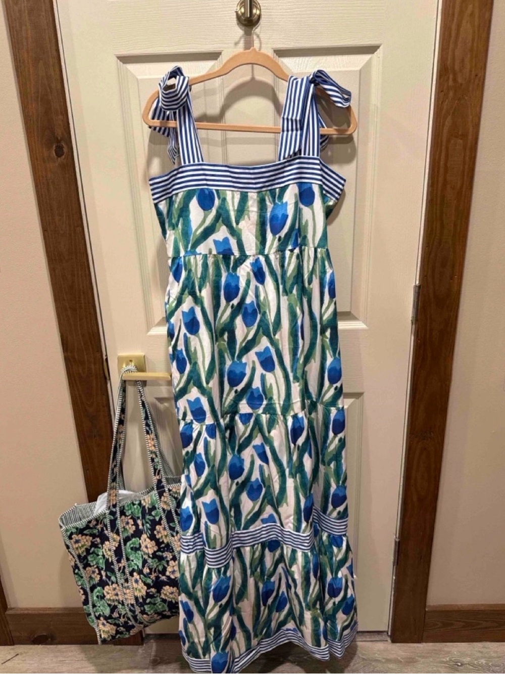 SHEIN Blue Green Floral Stripe Tie-Shoulder Maxi Dress